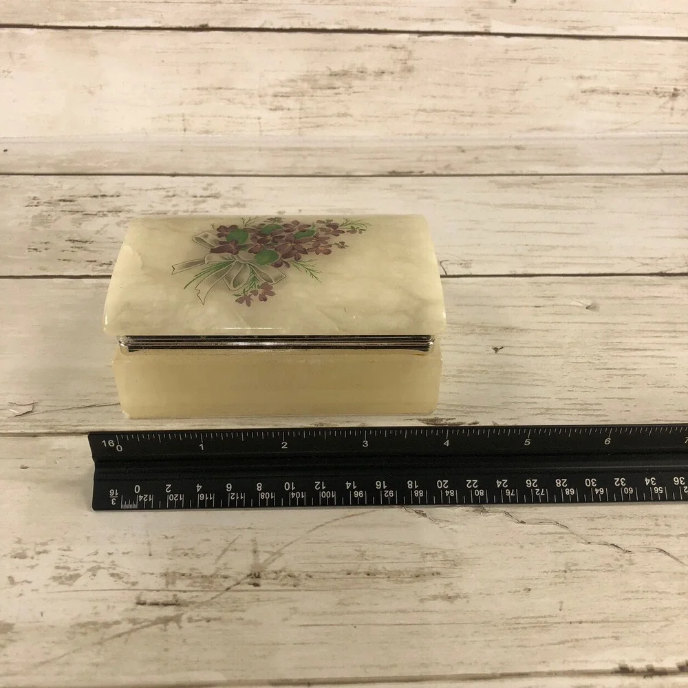 Vintage Alabaster Trinket Box Purple Floral Hinged Jewelry Box Stone Keepsake